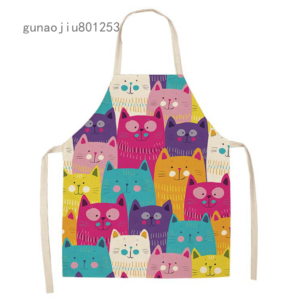 Cotton Linen Kitchen Apron Cute Cat Animal Printed Washable Sleeveless Aprons 