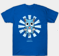 Classic Happy Fairy Tail Retro Japanese T-Shirt Mens 100% Cotton Round Neck Short Sleeve T-Shirt