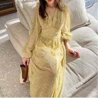 COD DSFERTGERRYYY Medium length Floral Chiffon Dress 2021 new spring and autumn long sleeve high waist loose size dress retro French dress