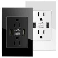 【สะดวก】 US Wall Duplex Plug Sockets 15A เต้ารับไฟฟ้า2.1A Dual USB Power Adapter กระจกนิรภัยสำหรับอเมริกันแคนาดาเม็กซิโกญี่ปุ่น