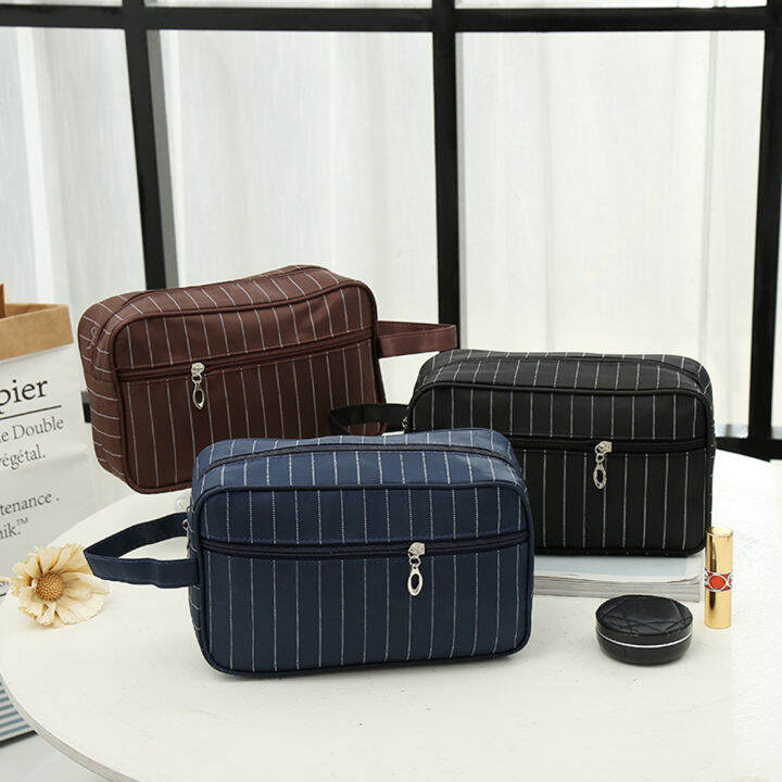 กระเป๋าจัดระเบียบกระเป๋าใส่เครื่องสำอางค์สำหรับผู้หญิง-tas-kosmetik-ลายทางกระเป๋าเก็บของกระเป๋าลายทาง