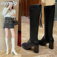 ผู้หญิง2023ฤดูหนาวใหม่ Slim Elastic Boots Knight รองเท้าสแควร์ Toe Over เข่าหนารองเท้าส้นสูงผู้หญิงรองเท้าส้นสูง