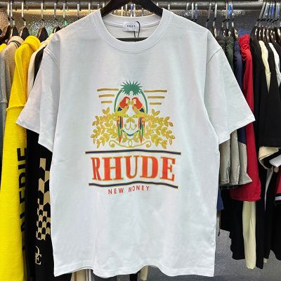 Rhude T-Shirt Summer New High Quality Parrot Print High Street Fashion Hip Hop Loose Men Top Tee Real Photo