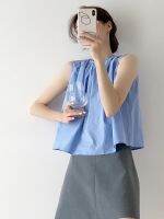 【HOT】 Cobalt blue pleated sleeveless vest womens summer feeling loose commuting solid foreign style off-the-shoulder