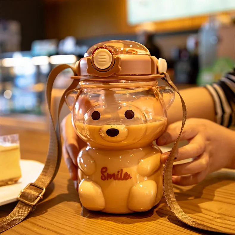 1.5L Bear Straw Water Bottle Summer Outdoor Large Capacity Plastic Straw  Drinking Cup Cute Children Water Cup Kawaii Bear Kettle