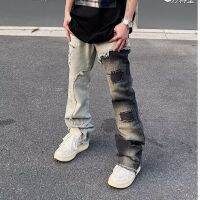 แฟชั่น Splicing Ripped กางเกงยีนส์บุคลิกภาพ Contrast สี Hip-Hop กางเกงชาย Designer Patchwork Y2K Streetwear Denim กางเกง