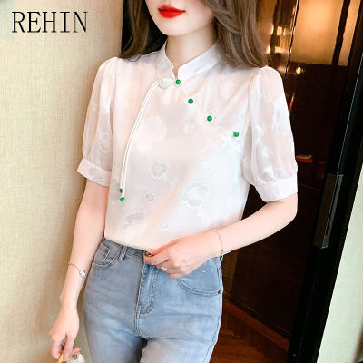 REHIN เสื้อผู้หญิงแขนสั้น,เสื้อคอตั้งแบบวินเทจเสื้อผู้หญิงผ้าชีฟองมีแขนพองหรูหราใหม่ฤดูร้อน
