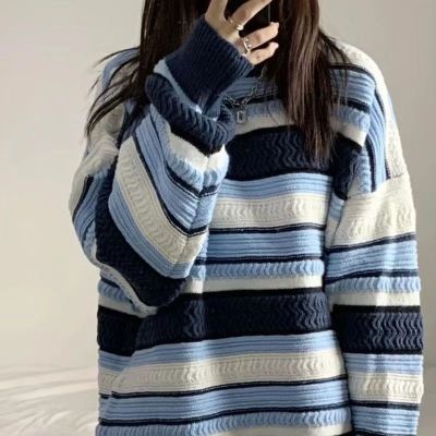 [Spot] long sleeve striped cable-knit sweater knitwear for women Spring Autumn Winter loose and lazy style outerwear top 2023