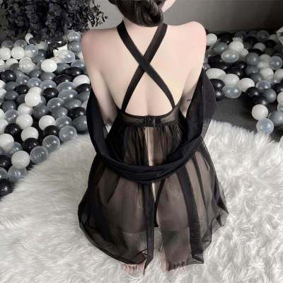 2023 Korean Sexy Lingerie Lace Nightgown Sleeveless Open Chest Sleepwear Soft Pajama Dress Short Nightdress Halter Boudoir Outfits