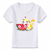 Kids Clothes T Shirt Cute Cat Eating Watermelon Children T-shirt for Boys and Girls Toddler Shirts Tee oal297