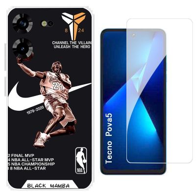 Compatible For Tecno Pova 5 4G/LH7N Phone Case Ins Black Soft Cover With Tempered Glass Film