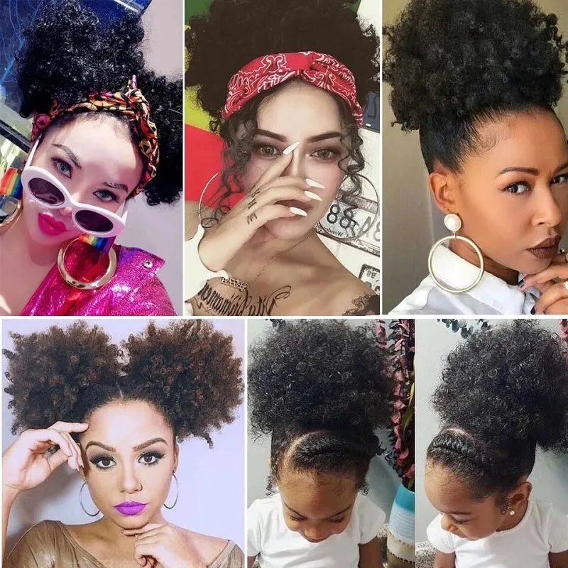 Thick Faux Human Hair Synthetic Drawstring Ponytail Puff | 2pcs Afro Puff  Drawstring Ponytail Hair Extension Synthetic Fluffy Kinky Curly Hair Puff  Bun Updo Hair Pieces Afro Donut Chignon Hairpieces Extensions |