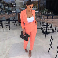 Lady Blazer Set Crop Top And Pant Suits Casual Suits Orange Pink For Women Fashion Office Sets Coat