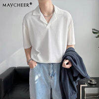 MAYCHEER  เสื้อแขนสั้นโปโลผู้ชายน้ำหนักเบา,เสื้อโปโลแขนสั้นถักคอวี