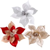 5pcs/lot 21cm/16cm/14cm Christmas Artifical Flowers Glitter Poinsettia for Christmas Tree Ornaments Fake Flower Decoration