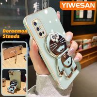 YIWESAN เคสสำหรับ Vivo V17 V19 Neo V19 (อินโดนีเซีย) เคสการ์ตูนโดราเอมอนน่ารักเคสตั้งโทรศัพท์ชุบดีไซน์ใหม่เคสโทรศัพท์พับได้ฝาปิดเลนส์เต็มรูปแบบเคสกันกระแทกกล้องป้องกันนุ่ม