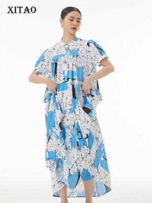 XITAO Dress Print Pullover Loose Dress Folds Stand Collar Casual Show Thin Dress