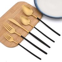 24Pcs Tableware Sets 18/10 Stainless Steel Dinnerware Knife Fork Tea Spoon Black Goldflatware Kitchen Silverware Dishwasher Safe