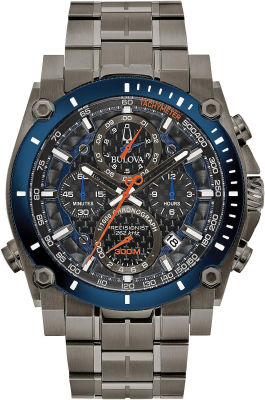 Bulova Mens Precisionist Gray Ion-Plated Stainless Steel 8-Hand Chronograph with Blue and Orange Accents Style: 98B343