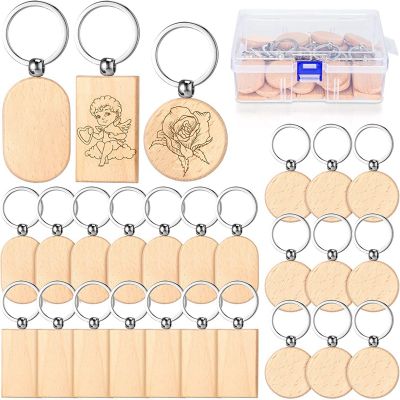 Wood Key Chain Engraving Key Chain Unfinished Rectangle Oval Round Wood Key Tag with Plastic Container