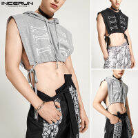 Beehoo INCERUN Mens พิมพ์ Hoodies T เสื้อ Bandage Hollow Out Vest Beach Casual Top Tee (สไตล์ตะวันตก)