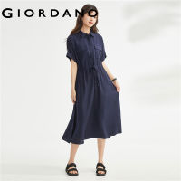 GIORDANO Women Dresses Ribbon Tie Waist Flap Pockets Shirt Dresses Raglan Short Sleeve Summer Fashion Casual Dresses 18463711