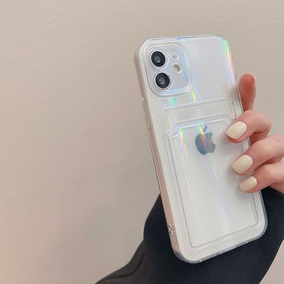 Transparent Aurora Card Solt Holder Silicone Case For iPhone 14 13 11 12 Pro Max Mini X S XR 8 7 Plus SE Lens Protection Cover