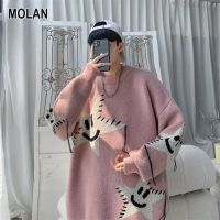 MOLAN เสื้อสเวตเตอร์คอกลมสำหรับผู้ชาย,เสื้อยืดถักอบอุ่นสไตล์คนขี้เกียจน่ารัก