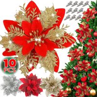 【hot】❣❐☇  5/10Pcs Glittering Flowers Artificial Floral Fake Xmas Pendant Ornaments New Year