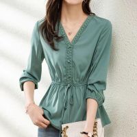 Commuter Elegant Solid Color Waist Lacing Shirt for Female New Spring Fashion Korean Button Spliced V-Neck Long Sleeve Blouses