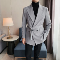 Man Korean Streetwear Suit Coat Chinese Size Small Slim Fit Blazer Men Business Casual Fashion Belt Slim Fit Blazer Suit Jacket