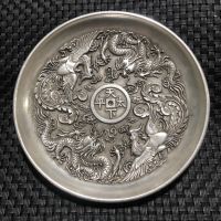 China Elaboration Old Tibet Silver Engrave Propitious "Dragon And Phoenix " Dish Metal Crafts Home Decoration