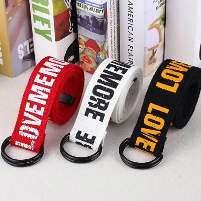 ZhongLouL Big sale🔥Harajuku Belt Fashion Letter Print Unisex Double D Ring Canvas Strap Long Belt