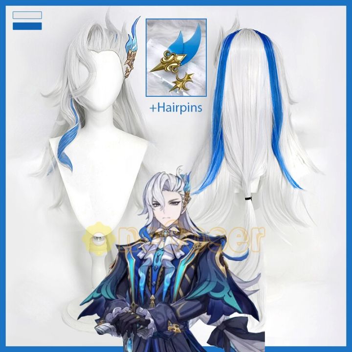 Game Genshin Impact Neuvillette Cosplay Wig Gray Mix Blue Hair Haipins ...