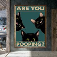 2023▦❁■ 1pc Canvas Painting Funny Triple Black Cat Peeking Retro Sneaking Cat Poster Are You Pooping Wall Art Home Decor No Frame