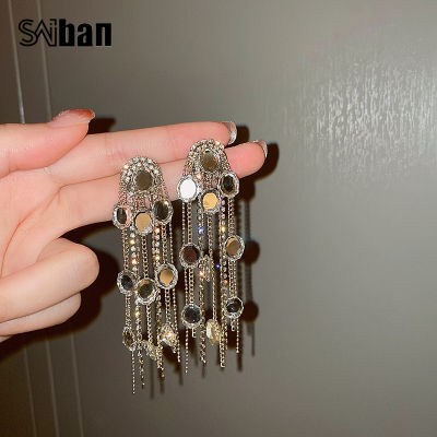 Saibanต่างหูเงินแท้ 925 ประดับเพชรและคริสตัล ต่างหูพู่ยาว บุคลิกภาพยุโรปและอเมริกา ต่างหูเกินจริง925 silver needles with diamonds and crystals long tassel earrings European and American personality exaggerated earrings