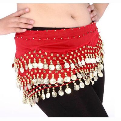 Egypt belly dance skirt costume wear hip wraps golden 128 coins belt chain（Red）