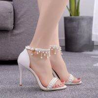 ◊๑▪ Bride Shoes Luxury Design Glittering Crystal Tassel White Sandals Wedding Party Women Dress Fashion Shoes 9cm High Heels