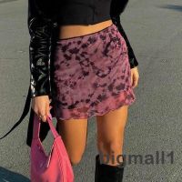 COD ✑ CUZ81VG V SHOP SOO-Women´s Mesh Bodycon Mini Skirt High Waist Tie Dye Print Lettuce Trim Short Pencil Skirt