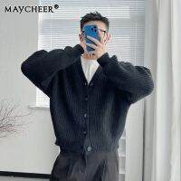 MAYCHEER เสื้อกันหนาวไหมพรมผู้ชายทรงหลวมสีทึบเสื้อโค้ทอเนกประสงค์ถัก