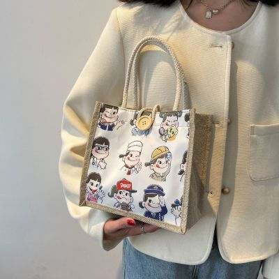 Cartoon Lunch Box Bag Womens Linen Handbag Durable Makeup Storage Bag Summer Hand Carrying Canvas Shopping Bag