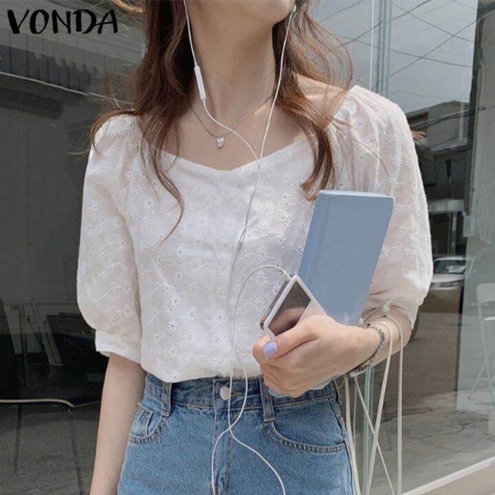 vonda-เสื้อเบลาส์-คอวี-แขนสั้น-ปักลาย-สีขาว-สไตล์เกาหลี-สําหรับผู้หญิง-5211034