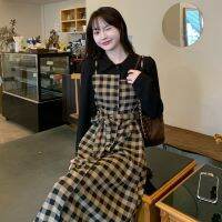 ✹ Autumn new retro plaid fake two-piece dress Korean version fold-over collar long-sleeved midi skirt