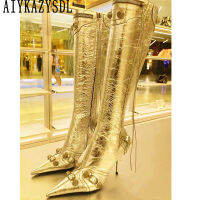 AIYKAZYSDL 2023ทองเงินผู้หญิงโลหะ Rivets Studs Punk Boots เข่าสูงนีออนสีเหลืองยาว Gothic รถจักรยานยนต์ Biker Boots 43