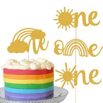 Sun Rainbow One Cake Topper - Single-side Gold Glitter Boy or Girl 1st Birthday Cake Toppers First Birthday Party Decoration