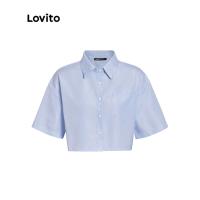 Lovito เสื้อเบลาส์ ลายทาง คอปกโปโล แขนครึ่ง สไตล์ลำลอง สำหรับผู้หญิง L33AD062 (สีน้ำเงิน)