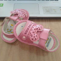 [Hely TOP-ข้อเสนอพิเศษ] 12cm Baby Girls PU Leather Pink  Cartoon Sandals Toddler Soft-soled Open-toed Flat Shoes 1D227