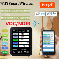 E Life Smart Store Tuya WiFi Air Quality Detector 6 In 1 Air Detector TVOC CO2 Gases CH2O Temperature Humidity Detecting Intelligent APP Remotes 400-5000PPM CO2 Measuring Ranges Formaldehyde Detector VOC Detector