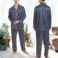 Mens Male Sleepwear Long sleeve Stripes Printed Loose Nightwear Loungewear Pajamas Casual