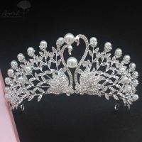 Amart คริสตัล Swan Tiara Design Pearl Crown งานแต่งงานผม Silver Harem เจ้าสาวอุปกรณ์เสริมผม De Noiva เครื่องประดับ